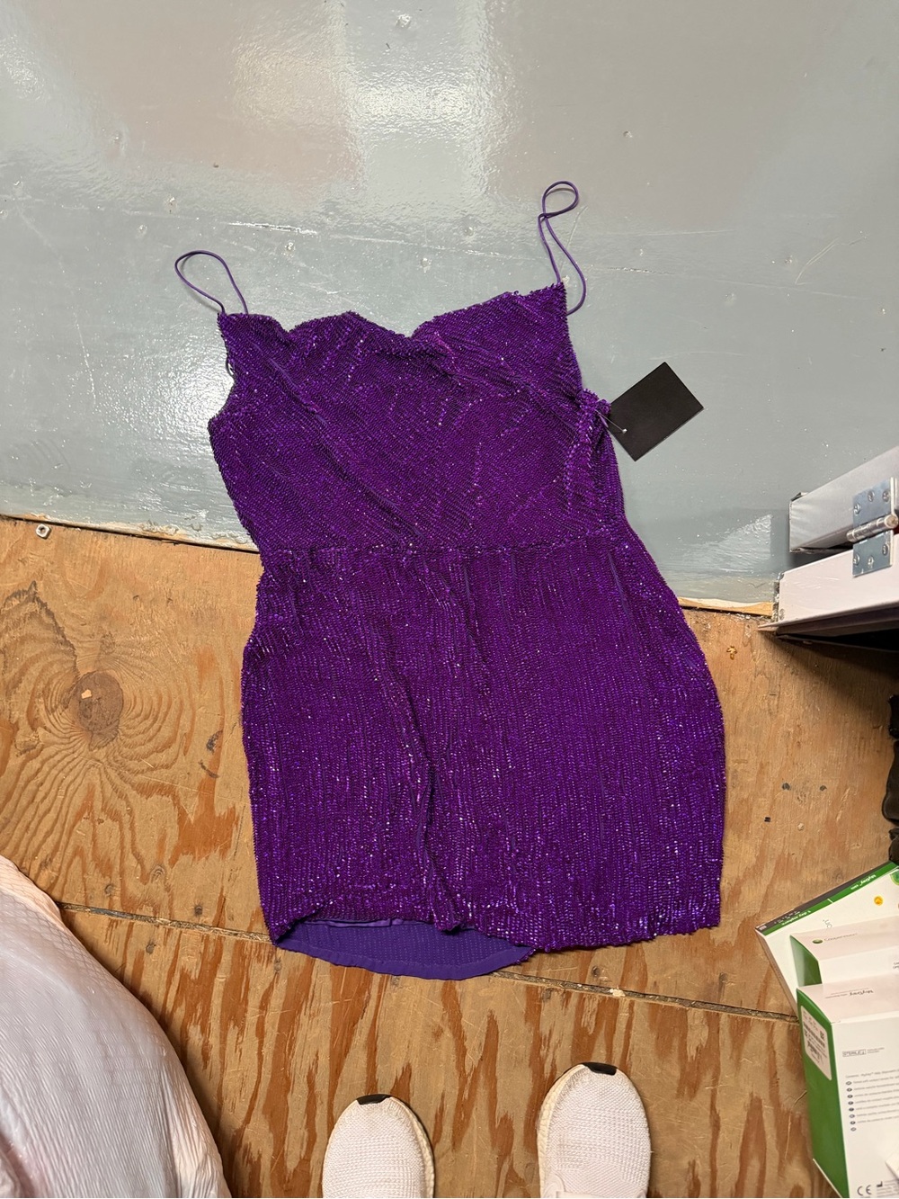 NWT RETROFETE Purple Sequin Spaghetti Strap Mini Dress